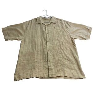 Lorenier Mens XL Tan 100% Linen Short Sleeve Pintuck Pleated Guayabera Shirt